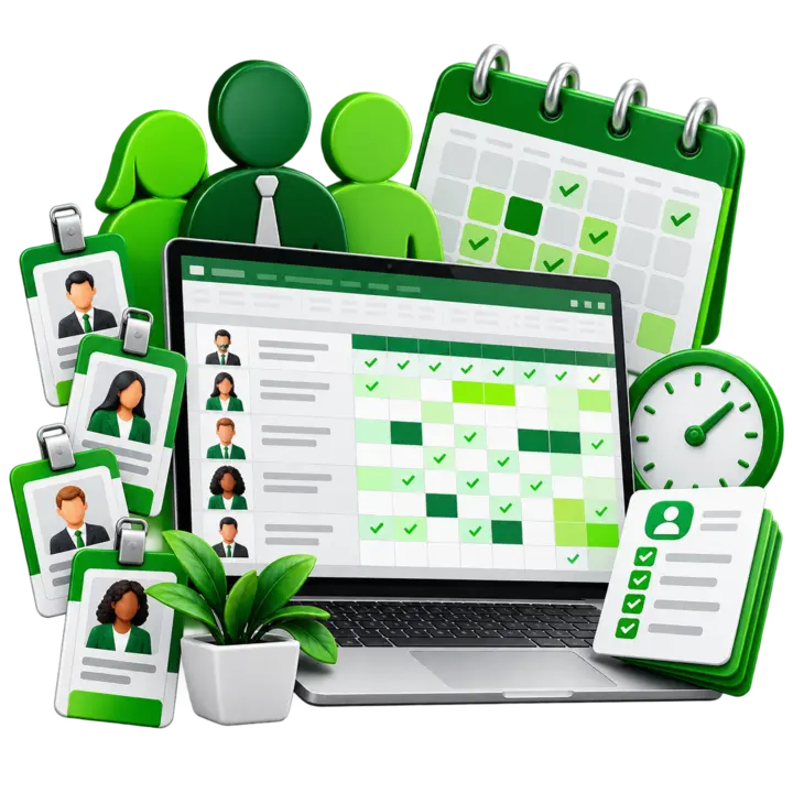 Planilhas de recursos humanos com equipes, escalas, ponto e acompanhamento