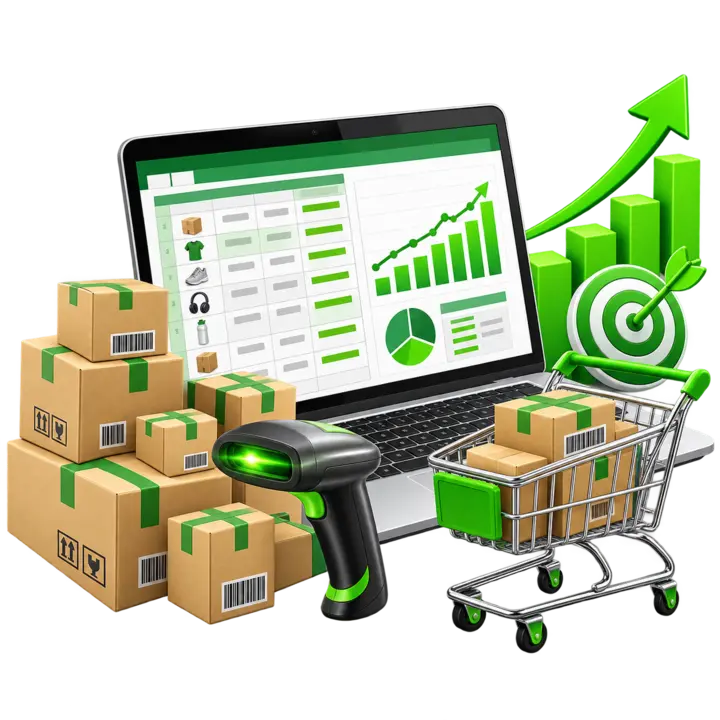 Planilhas de vendas e estoque com produtos, pedidos, metas e movimentações