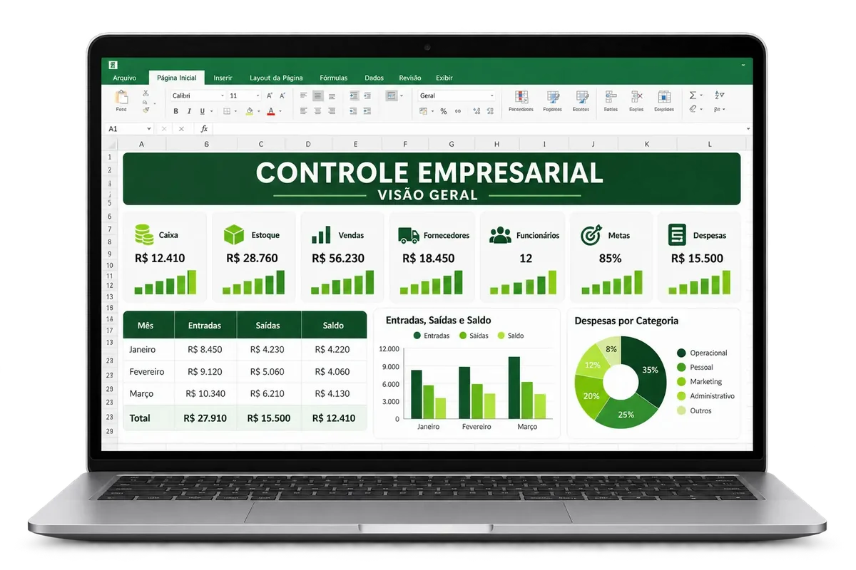 Planilha de controle empresarial com caixa, estoque, vendas, fornecedores, funcionários, metas e despesas