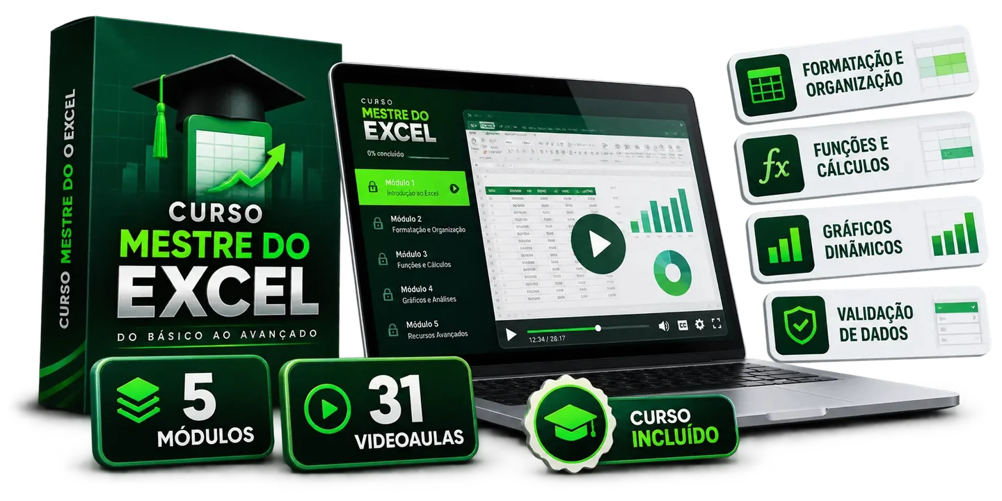 Curso Mestre do Excel com cinco módulos e 31 videoaulas do básico ao avançado