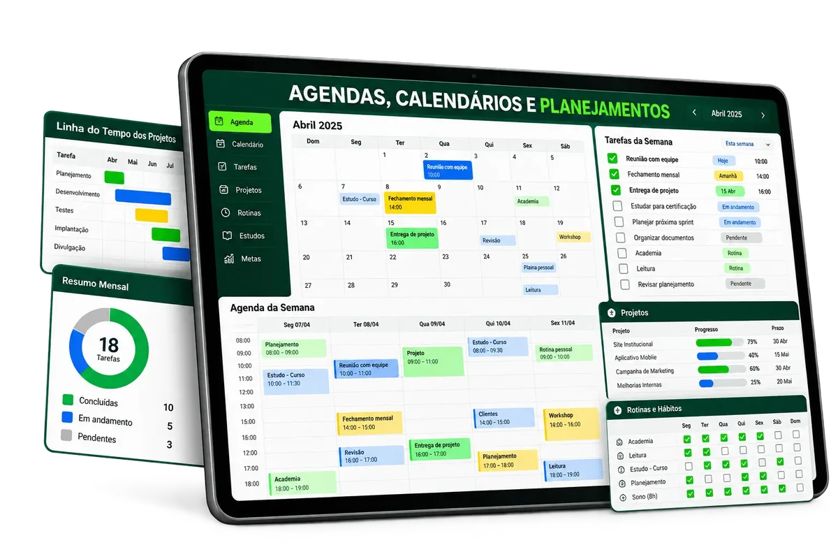 Planilhas de agenda, calendário, tarefas, projetos, estudos e planejamento semanal