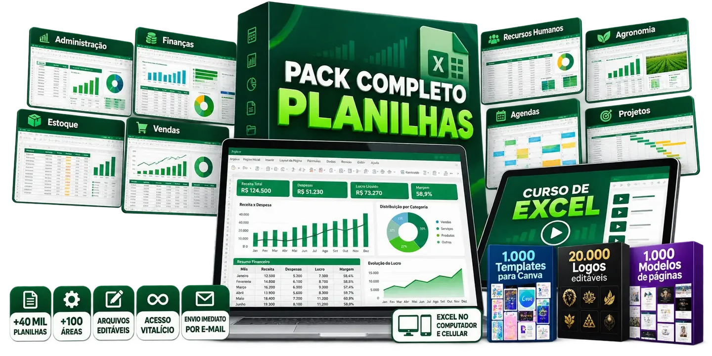 Pack Completo com 44 mil planilhas editáveis, curso de Excel e materiais extras