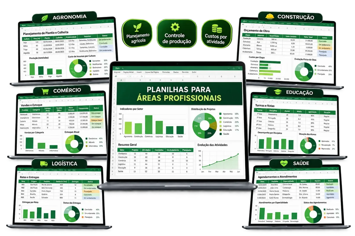 Planilhas profissionais para agronomia, construção, comércio, logística, educação e saúde